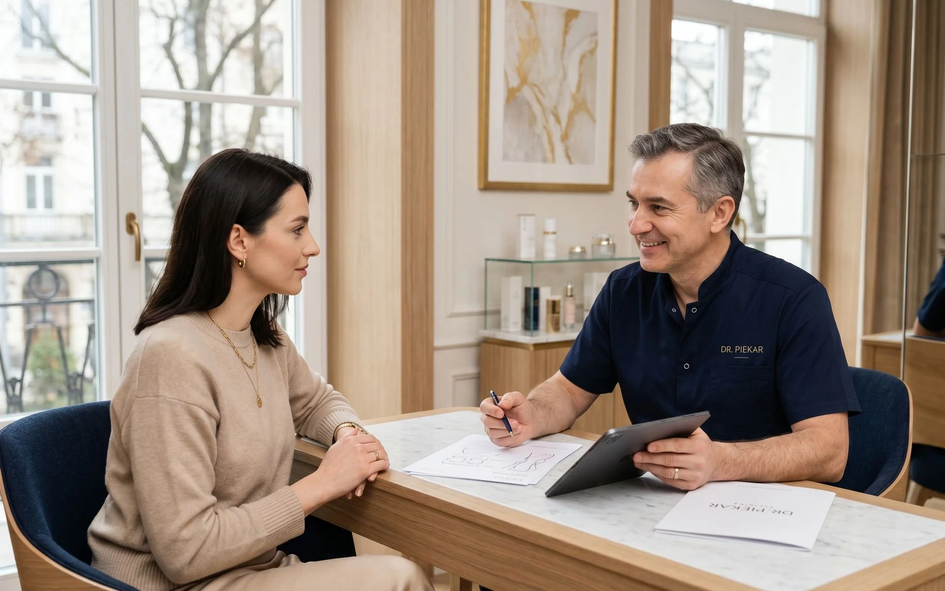 Wnętrze Kliniki Chirurgii Plastycznej Dr. Piekar w Warszawie — premium gabinet konsultacyjny