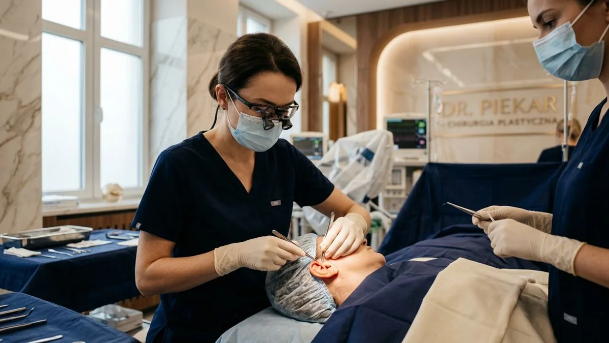 Zabieg otoplastyki — precyzyjne modelowanie chrząstki w bloku operacyjnym Kliniki Dr. Piekar